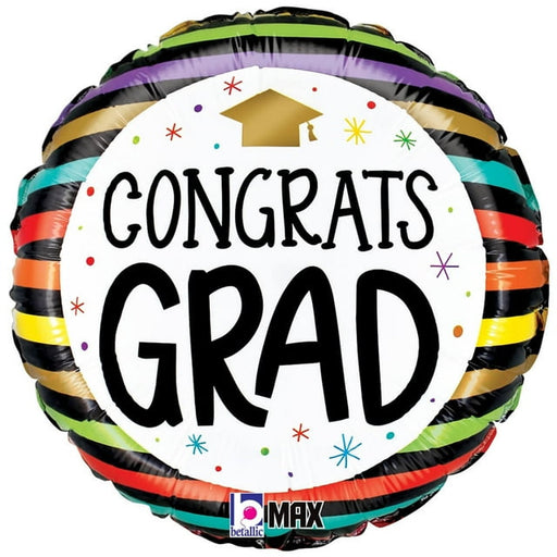 A 18-Inch Graduation Congrats Grad Colorful Stripes Mylar Balloon.