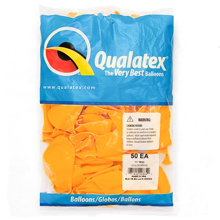 A 50 count package of 11-inch Qualatex Goldenrod Latex Balloons.