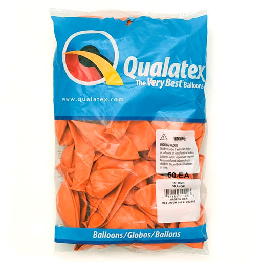 A package of 11-inch Qualatex Orange Latex Balloons.