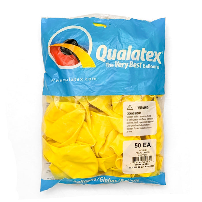 A 50 count package of 11-inch Qualatex Pearl Lemon Chiffon Latex Balloons.