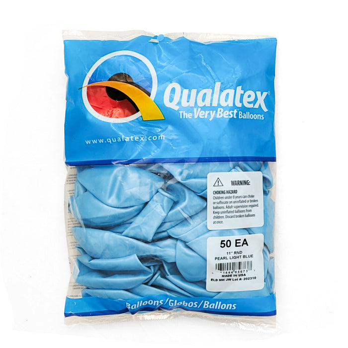 A 50 count package of 11-Inch Qualatex Pearl Light Blue Latex Balloons.