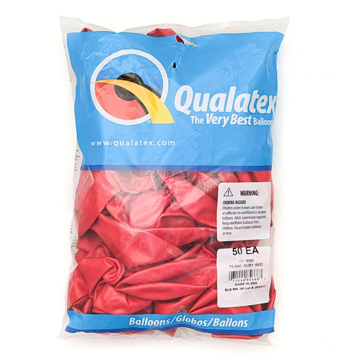 A 50 count package of 11-inch Qualatex Pearl Ruby Red Latex Balloons.