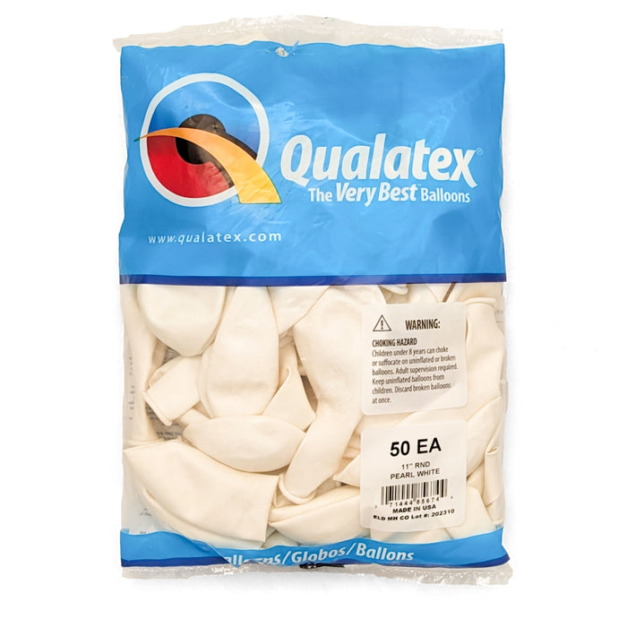 A 50 count package of 11-Inch Qualatex Pearl White Latex Balloons.
