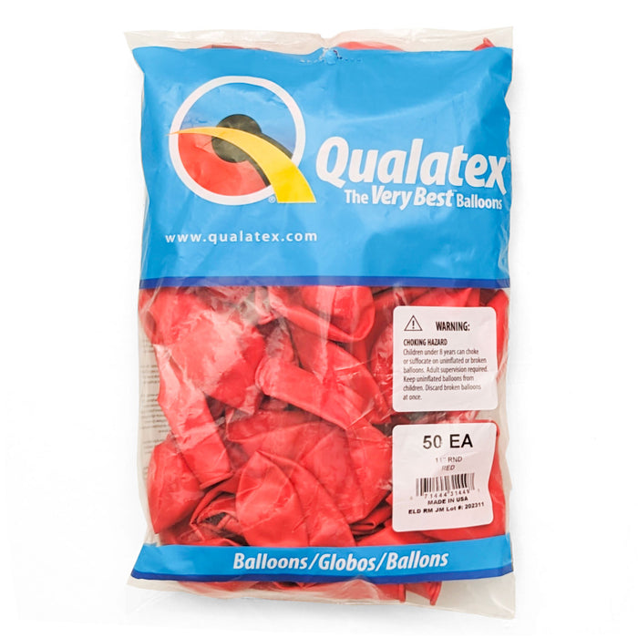 A 50 count package of Qualatex Red Latex Balloons.