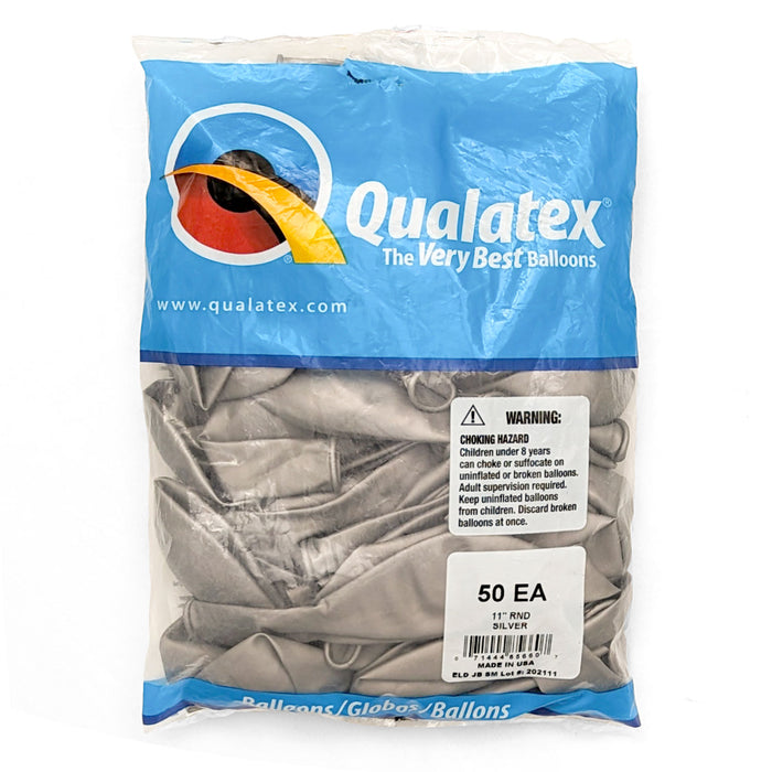 A 50 count package of 11-inch Qualatex Silver Latex Balloons.