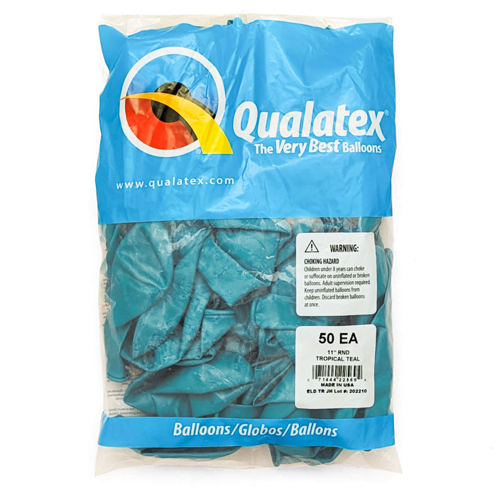 A 50 count package of 11-Inch Qualatex Tropical Teal, Latex Balloons.