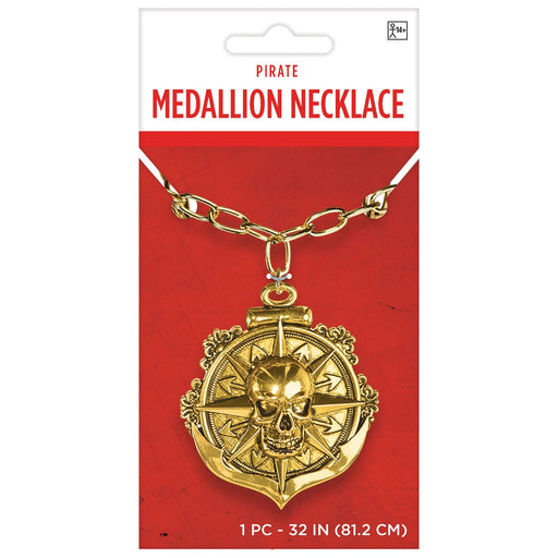 This sleek Pirate Medallion Necklace is a perfect way to bring a bit of the seven seas to any outfit. With a skull, a compass, and a classic gold chain, you'll be ready for any adventure that comes your way! Arrgh!