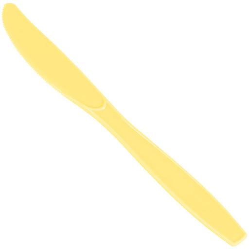 These Light Yellow Heavy Weight Plastic Knives, available in a pack of 24, offer durability and convenience for any occasion. Made with heavy weight plastic, they are perfect for slicing through any food with ease. Add a pop of color to your table setting while enjoying the benefits of sturdy utensils.