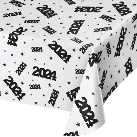 A 108" x 54" Gradution Clear 2024 Plastic Tablecloth. Comes in a 3-Pack