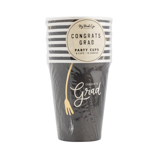 A package of 12 ounce Graduation Congrats Grad Paper Party Cups.
