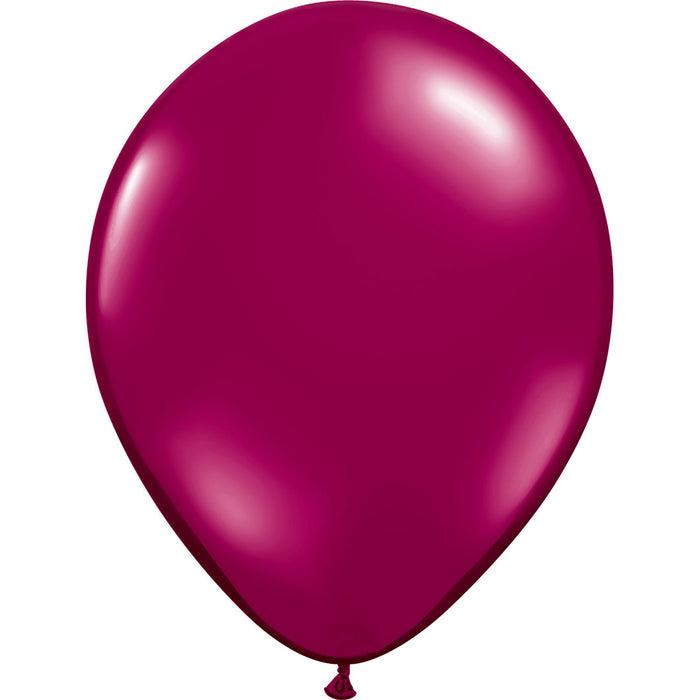 An inflated 11-inch Qualatex Pearl Burgundy Latex Balloon.