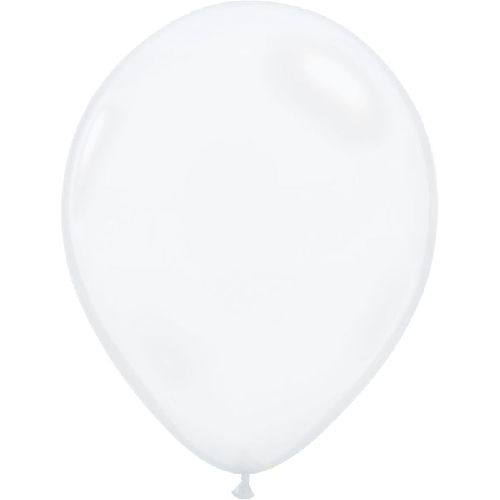 An inflated 11-inch Diamond Clear Qualatex Latex Balloon.