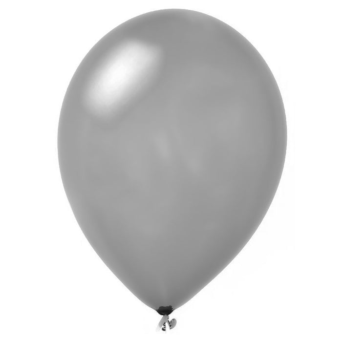 An inflated 11-inch Qualatex Silver Latex Balloon.