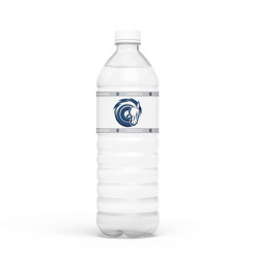 A water bottle with a Corner Canyon High School Water Bottle Label on it.