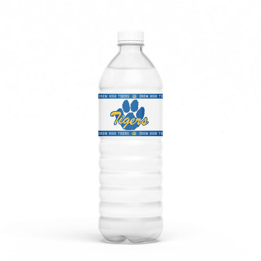 A water bottle with a Orem High School Water Bottle Label on it.