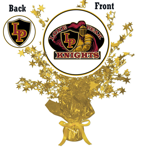 A 13.5" Lone Peak High School Centerpiece Spray. Shows both front and back graphics.