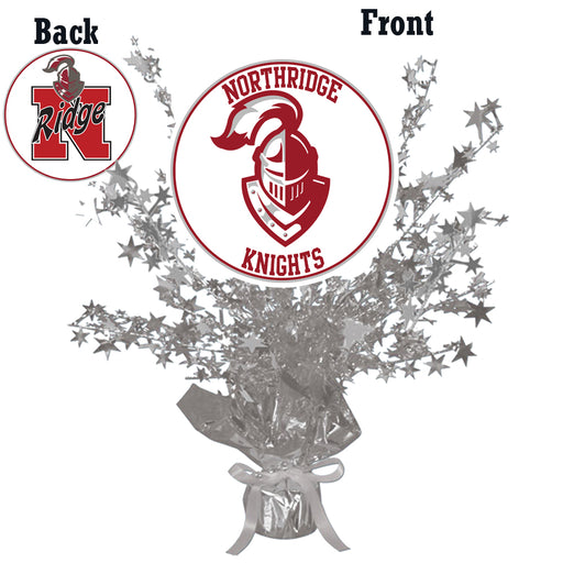 A 13.5" North Ridge High School Centerpiece Spray. Image show front and back graphics.