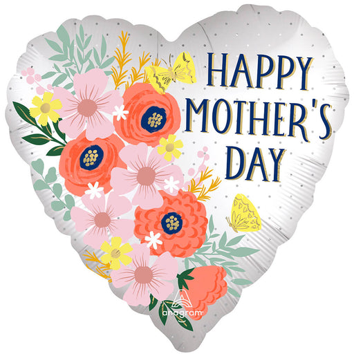 A 18-Inch Mother's Day Satin Blooms Heart-Shaped Mylar Balloon.