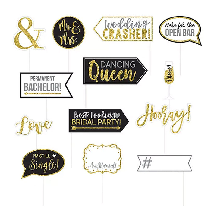 Glitter Gold Wedding Photo Booth Props | 13 pc