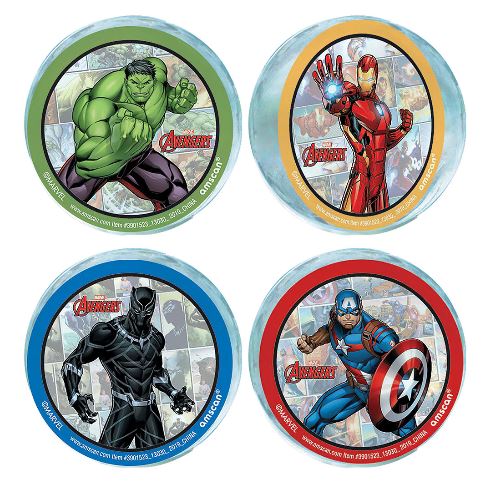Four pack of 2" Avengers Unite officially licensed Bouncy Balls.  Featuring Hulk, Iron Man, Black Panther, and Captain America