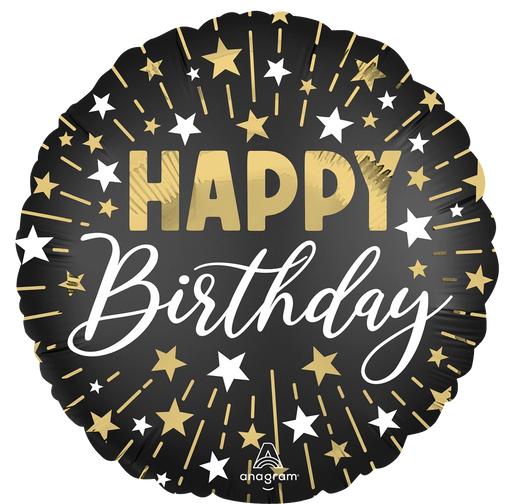 18-Inch Happy Birthday Gold Silver and Black Mylar Balloon