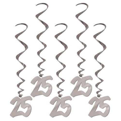 25th Anniversary Silver Foil Hanging Whirl Decorations, 3 ft | 5 ct