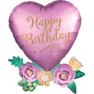 Birthday Satin Heart W/Flowers Supershape Mylar Balloon 30" | 1ct