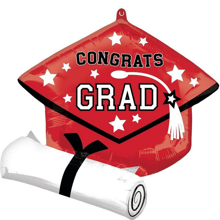 Graduation Grad Cap & Diploma Foil Balloon Red 25" | 1ct
