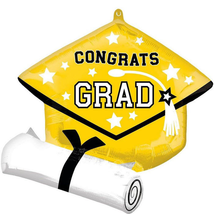 Graduation Grad Cap & Diploma Foil Balloon Yellow 25" | 1ct