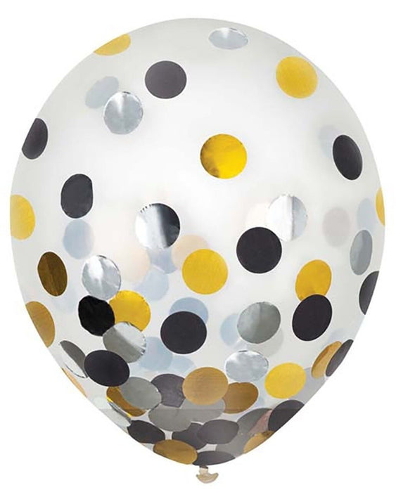Gold, Silver, and Black Confetti Latex Balloons 12" | 6ct