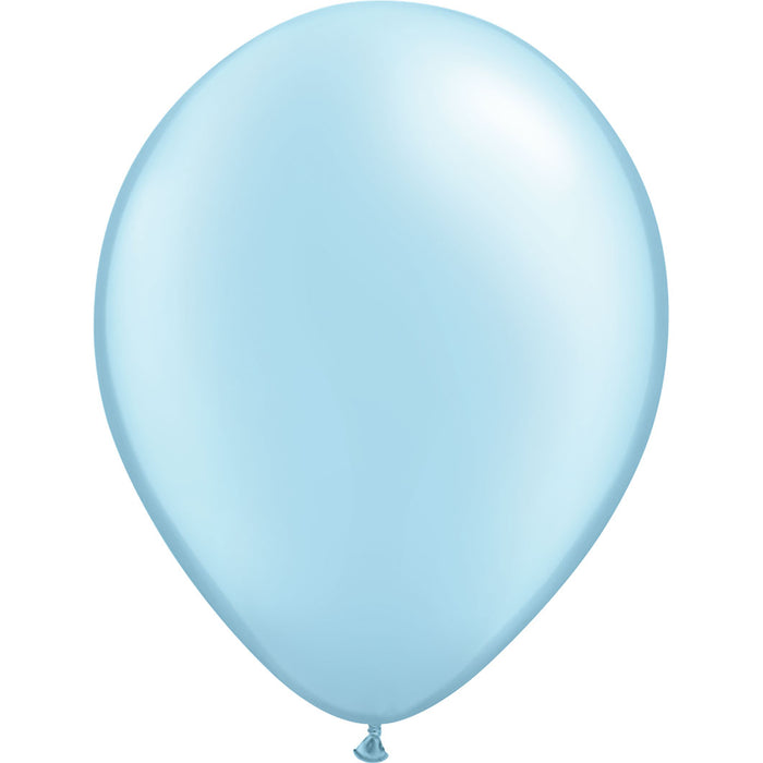 An inflated 11-inch Qualatex Pearl Light Blue Latex Balloon.