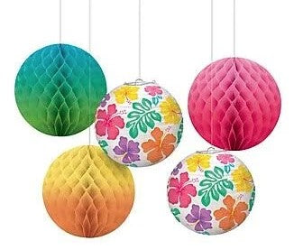 Hanging Hibiscus Flowers Paper Lanterns & Multi-color Honeycomb Decorations | 5pc