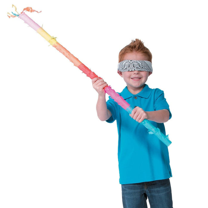 A boy with a blindfold on holding a 30" Carnival Piñata Bat  ready to hit a Pinata.