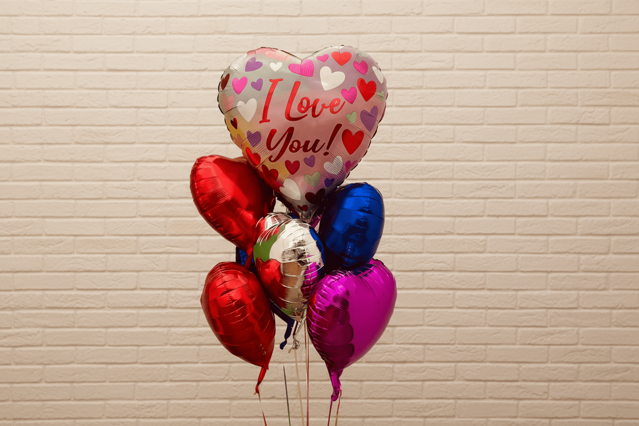 Balloon bouquet of hearts, red blue gold, and I love you balloon