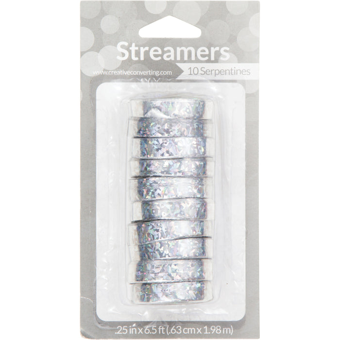 A 10 pack of Silver Holographic 6.5' Streamers.