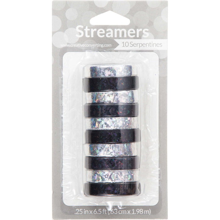 A 10 pack of Silver and Black Holographic Streamers.