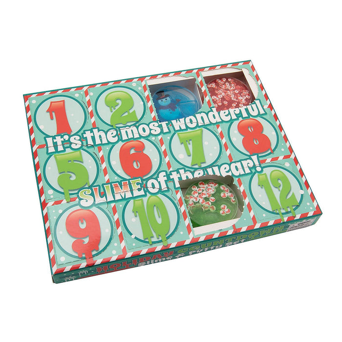 12 Days of Christmas Slime & Putty Gift Set with three of the box windows open show a red, blue, and green container of slime.