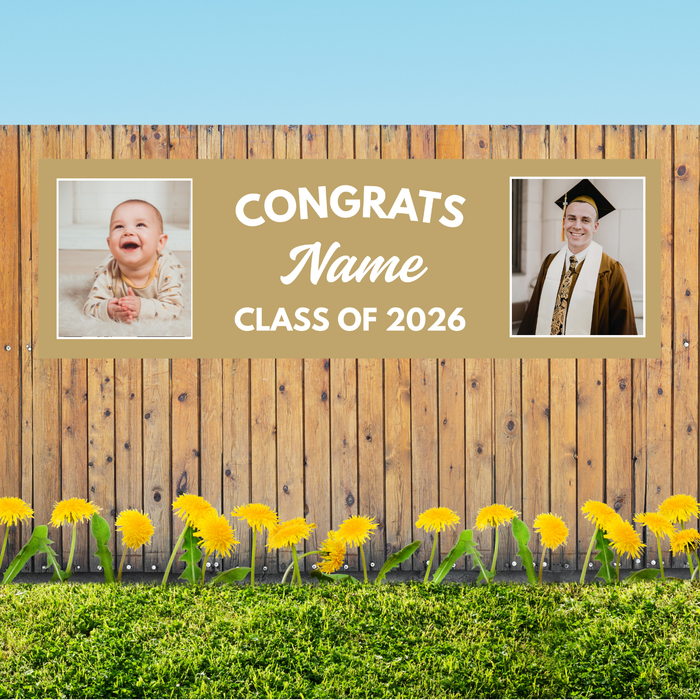 Grad in Color Congrats Custom Banner Name and 2 Photos 2'x6' | 1ct