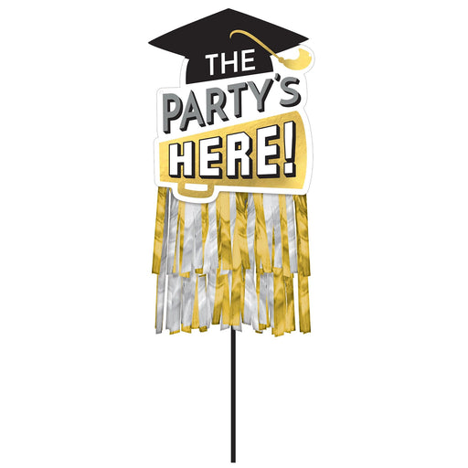 A 38-Inch Tall Graduation Party's Here Fringe Yard Sign.
