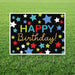 Colorful 'Happy Birthday!' sign with stars on a grass background