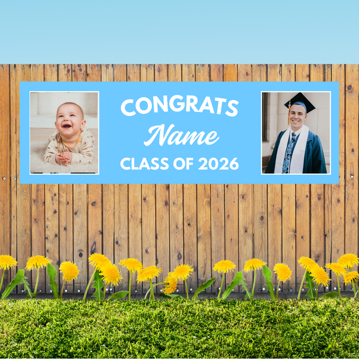 Grad in Color Congrats Custom Banner Name and 2 Photos 2'x6' | 1ct