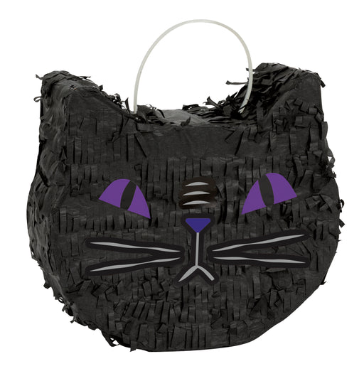 Unique Industries mini black cat decorative Piñata measures 6.5" x 7" and has a loop for hanging . The cat has purple eyes and nose with grey whiskers and mouth.