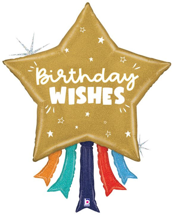 Birthday Wishes Glitter Holographic Star Supershape Balloon 36" | 1ct