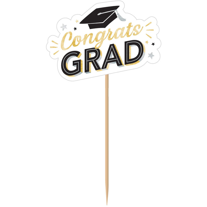 Graduation Congrats Grad Black, Silver, Gold Centerpiece Picks 16" x 9 1/4" | 6 ct