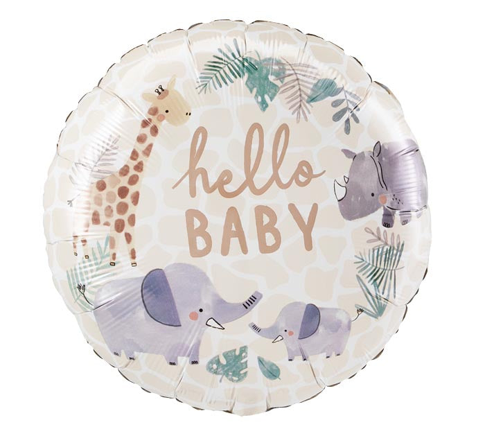 17 inch round Hello Baby mylar balloon.  Features pastel jungle animals and plants.