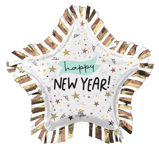 This Happy New Year mylar balloon features a star fringe border and measures 28 inches across. It's a perfect way to add dimension to your festive decorations. Create a stunning party atmosphere!