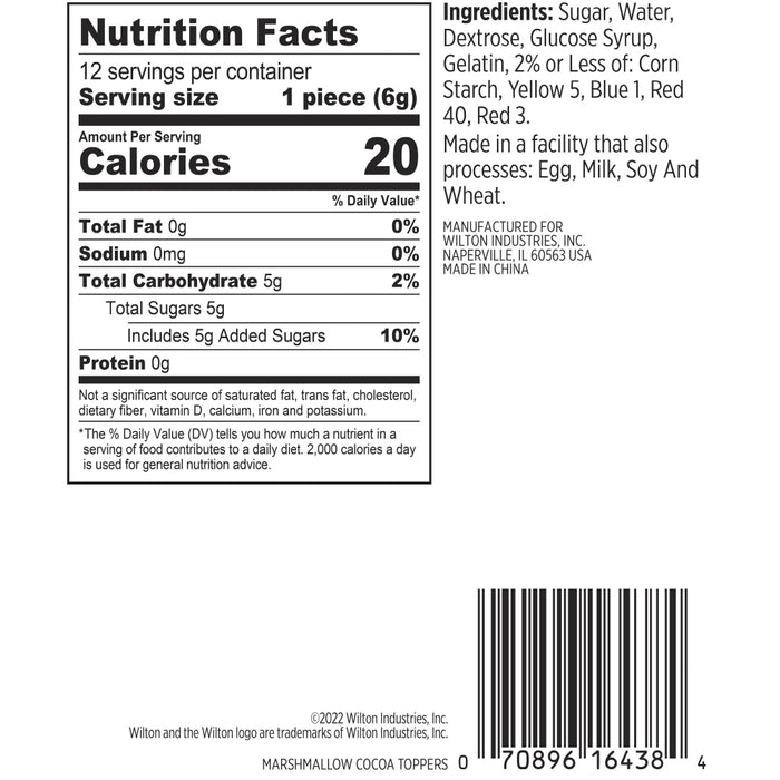Nutrition Facts for Snowman Marshmallow Edible Hot Cocoa Drink Toppers.