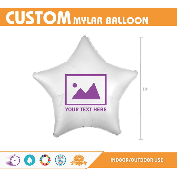 Custom Image White Mylar Star Balloon, showing image and text placment.