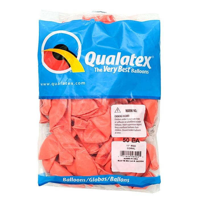 A 50 count  package of 11-Inch Coral, Qualatex 11" Latex Balloons.