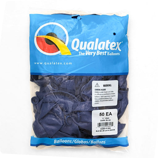 A 50 Count package of 11-inch Qualatex Standard Dark Blue Latex Balloons.